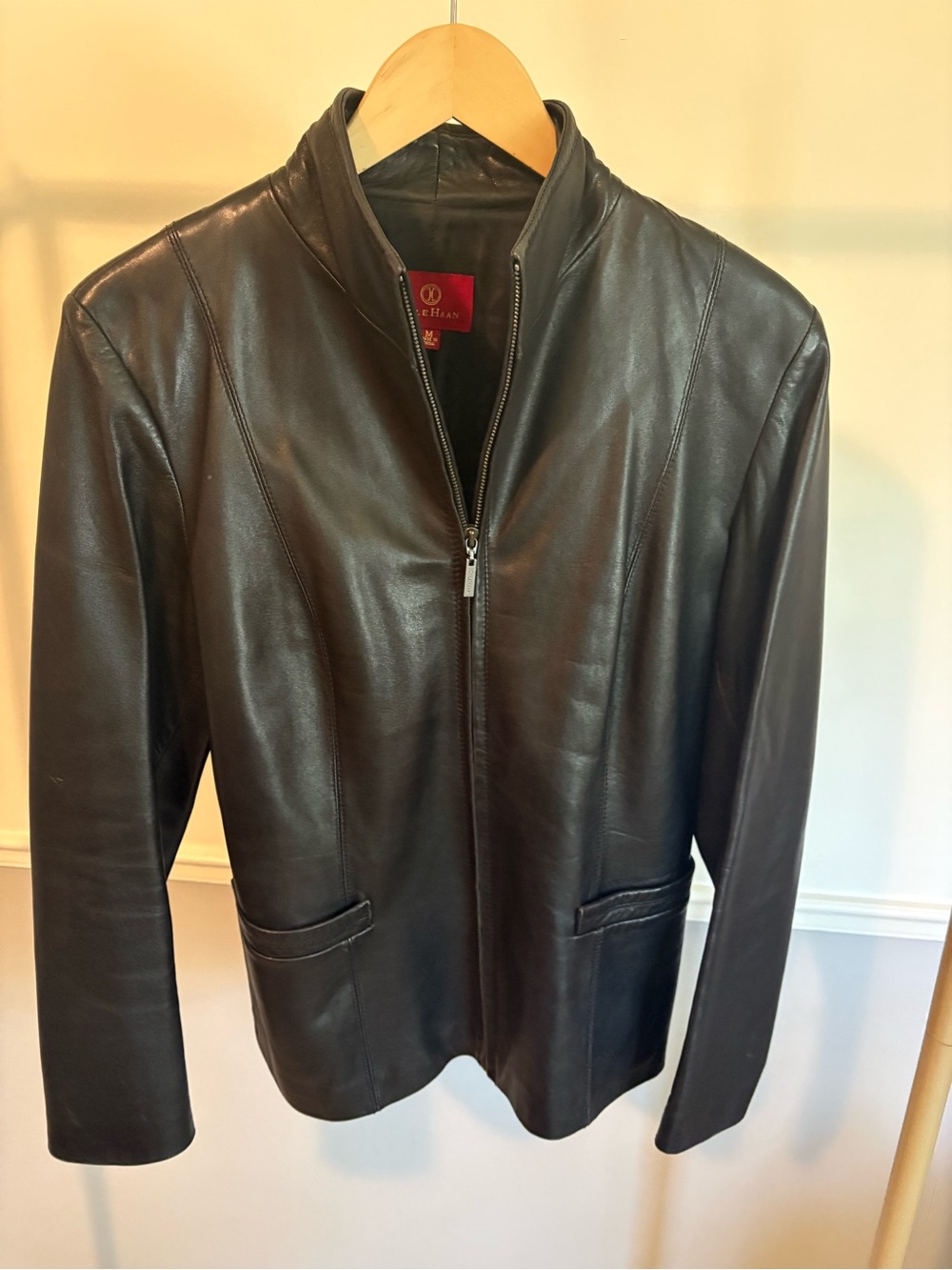 Cole Haan Black Leather Zip-Front Jacket